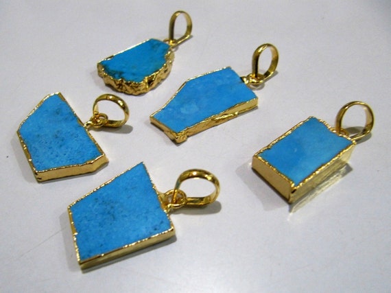 2 Pcs Set-Natural Turquoise Magnesite Slice Pendant Free Form , Pendant Charm With Gold Electroplated Edge , Single Loop 1 inch approx
