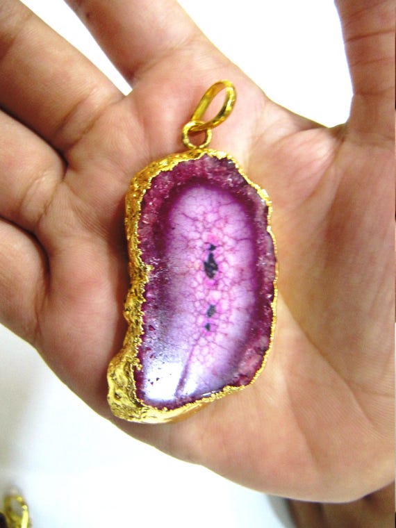 Dark Pink Solar Quartz Stalactite Pendant, Gold Electroplated Druzy Slice (30-50mm)