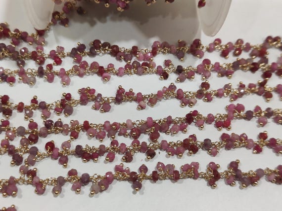 Natural Ruby Dangling Wire Wrapped Cluster 3mm Rondelle Faceted chain Sold Per Foot