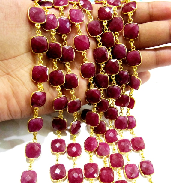 Ruby Cushion Shape Square Briolette Faceted  Bezel Connector Chain 10 mm Sold Per Foot Wholesale price Jewelry making Chain
