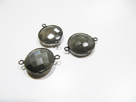 Natural Grey Moonstone Round Coin Shape Faceted Double Loop Bezel Connectors 15 mm Size Gemstone Connector Charms sold per piece