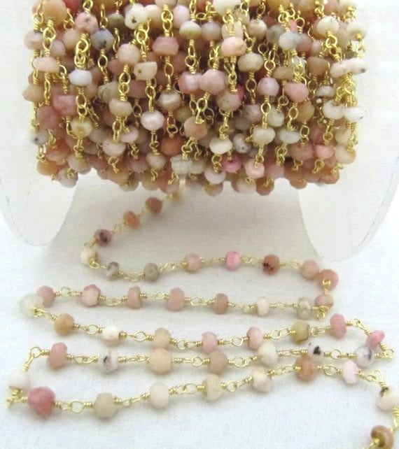 Natural Pink Opal  Rondelle Faceted 3-4mm Size Beaded Opal Wire Wrapped Rosary Chain Wholesale Prices Handmade Jewelry chain sold per foot