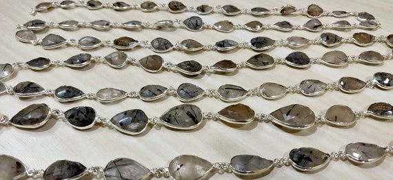 Top quality Natural Black Rutilated Quartz Pear shape 10x14mm to 15x20mm briolette bezel connector silver plated Gemstone chain