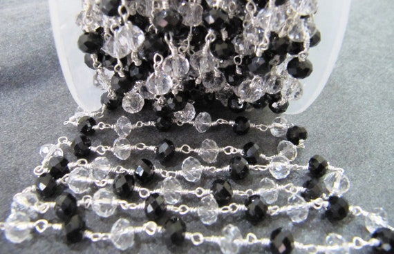 1 Foot -: Clear Quartz and Black Spinel Rondelle Faceted 6mm Size Beaded Wire Wrapped Rosary Chain in Wholesale Rates Handmade Chain