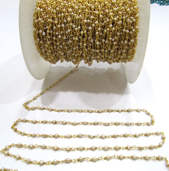 3-Feet Natural White Pearl 2mm Rondelle Beads Gold Plated Rosary Beaded Chain  High Quality Wholesale Prices Jewelry making Chain