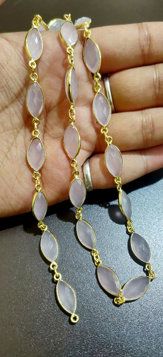 Natural Rose Quartz Marquise Shape Size 7x11mm Laser Cut Briolette Bezel Connector Chain Gold Sold Per Foot High Quality Wholesale Prices