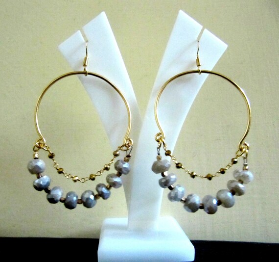 Natural Grey Moonstone Rondelle Faceted 7-8mm Mystic coated Gemstone Gold Plated Beaded Hoop Earrings Handmade hand crafted Jewelry