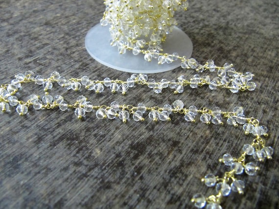 Crystal Quartz Dangling cluster chain Rondelle Faceted beads 3mm chain Beaded Cluster Chain Wholesale Price sold per foot