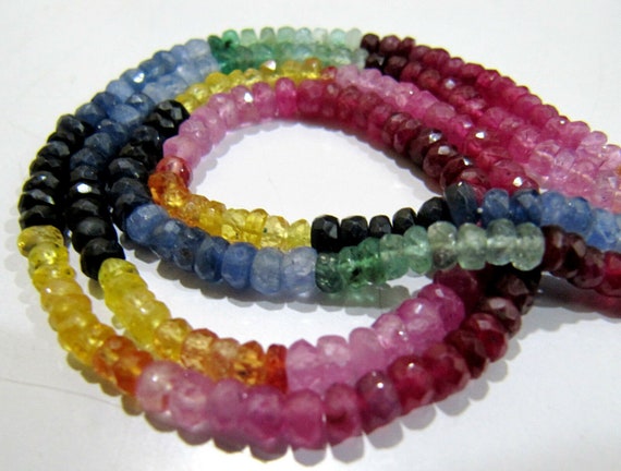 Natural Multi Genuine  Precious Ruby Emerald Sapphire Beads Rondelle Faceted 3-4mm Size 8" long Wholesale prices jewelry making gemstone