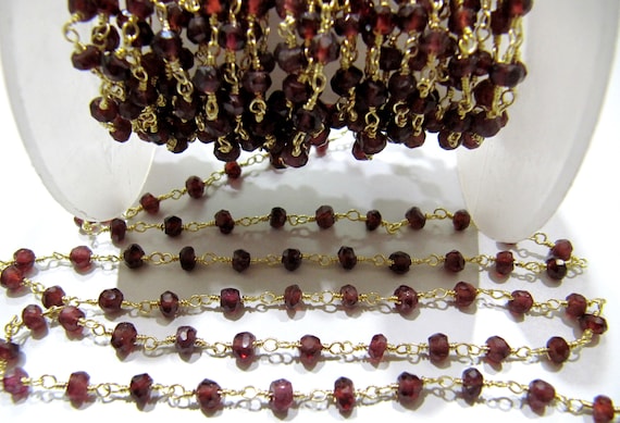 1 Foot-: Natural Garnet rondelle faceted 3-4mm size beaded wire wrapped rosary chain wholesale prices jewelry making chain