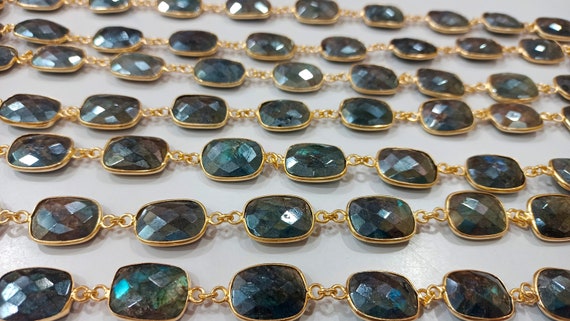 Natural Labradorite Mystic Coated Cushion Shape Briolette 14x18mm Bezel Connector Chain Sold Per Foot Great Quality Chain