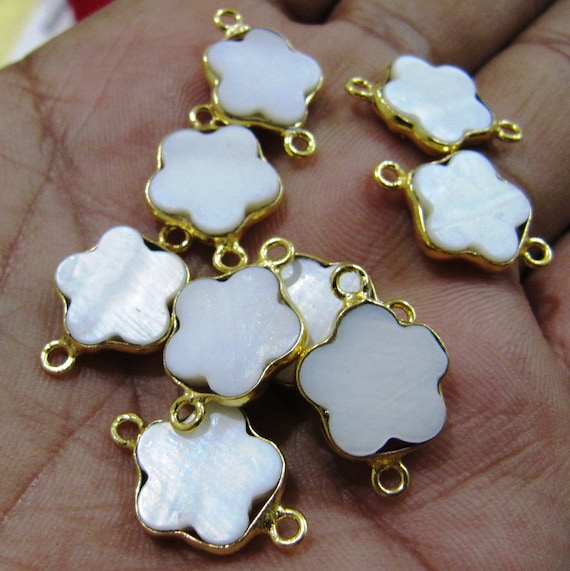 2 Pcs Set of Mother of Pearl Flower Shape Connector Bezel Gold Plated sold in Wholesale Prices approx 12mm Size Jewelry Making Connectors