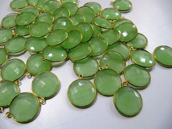 Green Chalcedony Quartz Briolette Connector Round Coin Shape Faceted Charms Approx 20MM Size Single Loop Bezel sold per piece