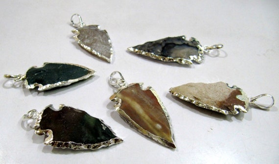2 Pcs Set Natural Jasper Silver Electroplated Edge Single Loop Arrowhead Connector Charms Pendant Size 1 to 1.5 Inches Long