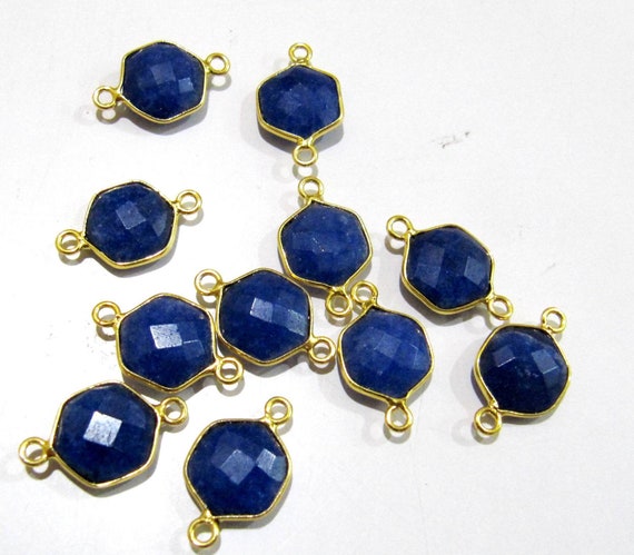 5 Pcs Set Dyed Blue Sapphire Hexagon Shape 10mm Briolette Connectors Blue sapphire Plated Double Loop Bezel Jewelry Making Bezel Connectors
