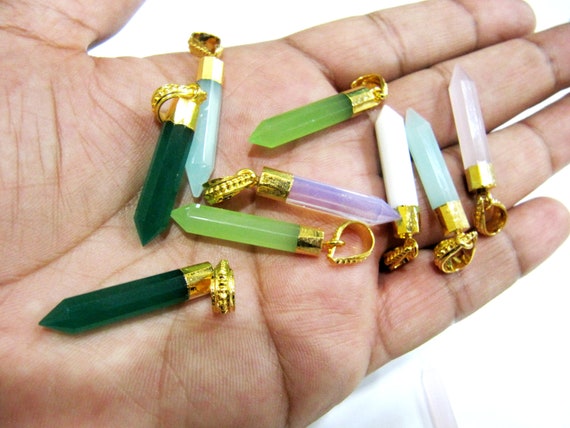 Mix Color Gemstone Faceted Pencil Shape Pointed Charm Pendant 30 to 40mm Long Gold Electroplated with Designer Loop Choose the Color