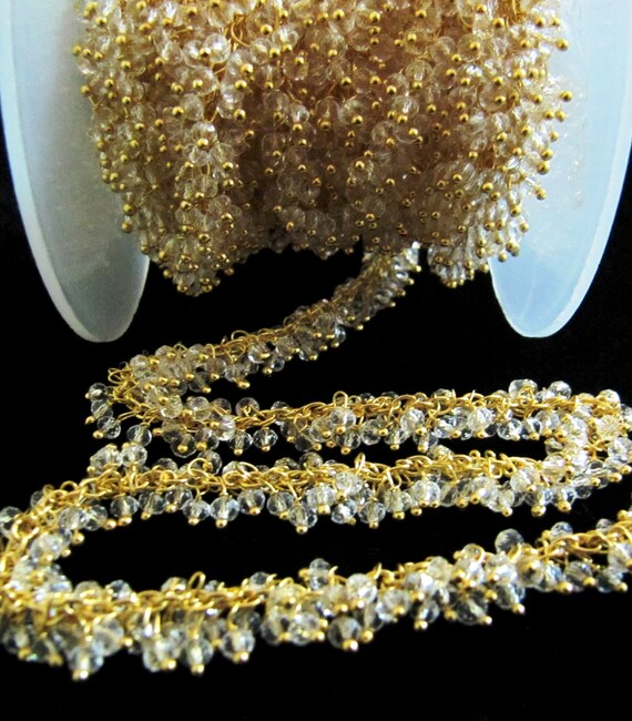 1 Foot Clear Quartz Grape Rondelle Faceted Beaded Hydro Quartz Crystal Quartz Rosary Bead Chain Wholesale Price