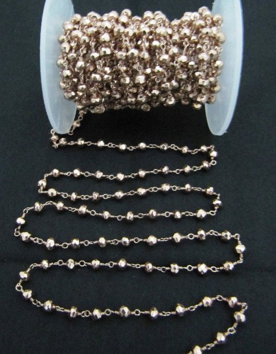 3 Feet-Copper Pyrite 3-4mm Size Rondelle Faceted Beaded  Rosary Wire Wrapped Aati Beaded chain Wholesale Price Jewelry Making Pyrite Chain