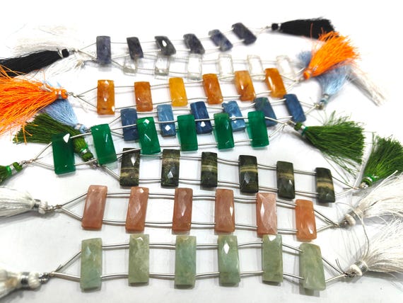 Natural Multi Gemstone Cushion Baguette Shape Briolette Faceted 10X22mm Double Drilled Beads Sold as a Strand of 6 Rectangle Beads