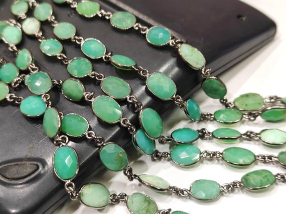 Natural Chrysoprase Oval Briolette Faceted 9x12mm Bezel Connector Chain Sold Per Foot