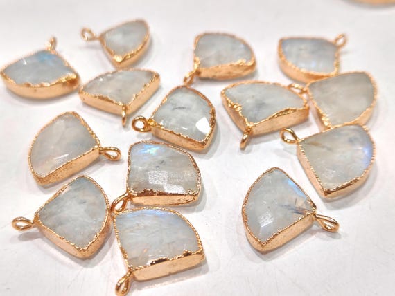 Natural White Rainbow Moonstone 18 to 20mm Gold Electroplated Bezel Connector Charms Sold Per Piece