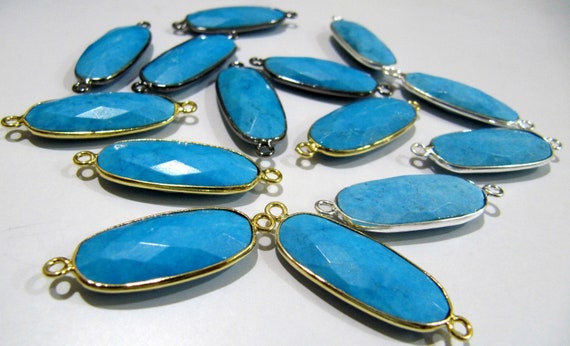 Natural and Genuine Turquoise Magnesite Oval Shape 22x27mm  Briolette Connector Double Loop Semi Precious Gemstone Bezel Per Piece