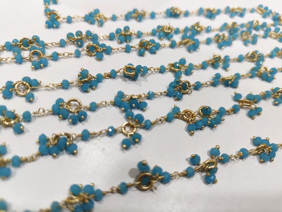 Aqua Chalcedony beaded Flower Chain Beads 3mm Rondelle faceted Cluster Rosary Chains, Dangling Flower Chain Hydro Quartz Beads