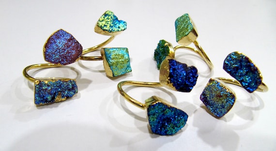Natural Titanium Colorful Druzy Double Stone Ring 24K Gold Electroplated Drusy Gemstone Free Shape Flexible Adjustable Ring Wholesale Prices