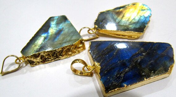 Natural Labradorite Slice Pendant Free Form Charm With Gold Electroplated Edge , Single Loop Connector 1 inch approximately