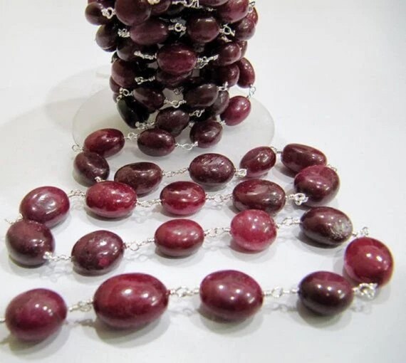 Natural Ruby Rosary Chain, Smooth Oval Beads 8mm to 12mm, Corundum Ruby Beaded Chain Sold Per Foot High Quality Wholesale Prices