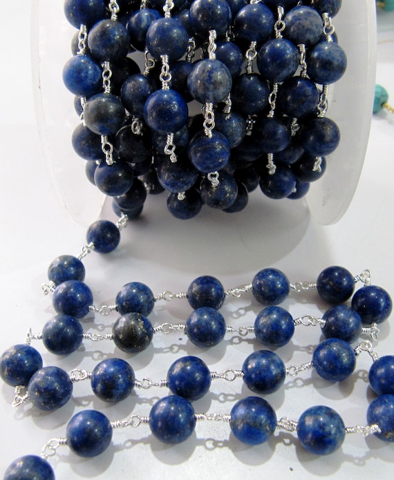 3 Feet-Lapis Lazuli Round Plain 8 to 9mm beads Rosary Chain, Chinese Lapis Beaded Chain Big Size,Wire Wrapped Chain, Wholesale Rates