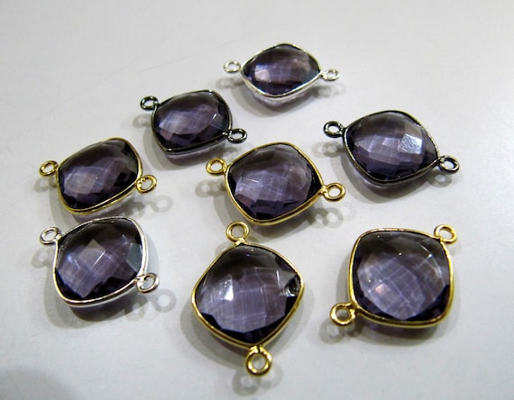 Amethyst Quartz Cushion Shape Briolette Faceted 12-13mm  Double Loop Bezel Connectors Choose the plating Color Sold per Piece