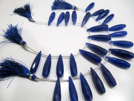 Blue Sapphire Long Tear Drop  Shape Briolette  Faceted Beads  Approx 1 inch Long Sapphire Sold per strand  8 inches long Dyed Beads