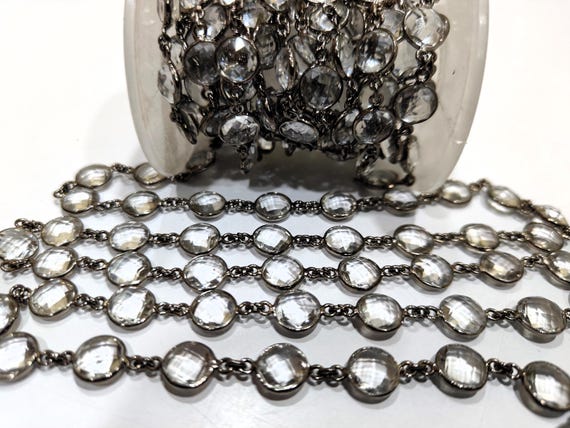 Natural Rock Crystal Briolette Coin Shape 9mm Bezel Connector Chain Sold Per Foot