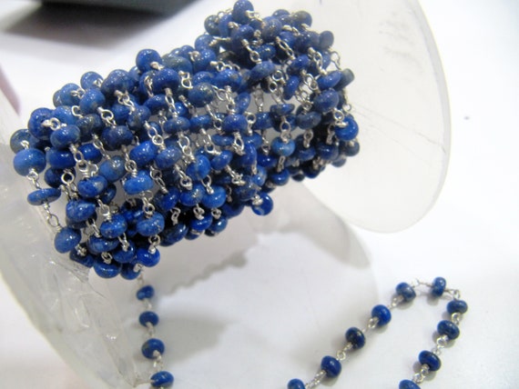 Natural Lapis Lazuli Rosary Chain Smooth Rondelle Beads 4 to 5mm Beaded Chain Wire Wrap , Jewelry Making Handmade chain sold per foot