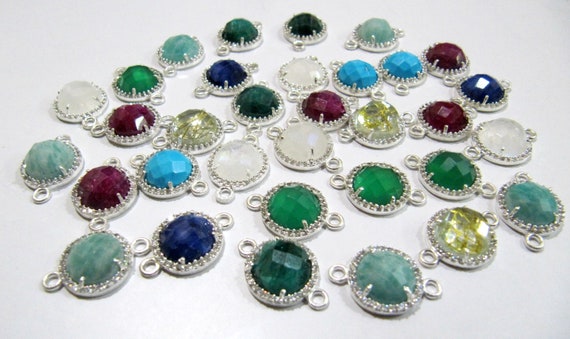 Natural Gemstones Round Shape Briolette 13mm Connectors With Setted CZ Pave Silver Bezel Charms  Double Loop Gemstone Jewelry CHOOSE