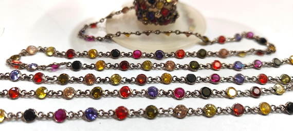 92.5% Sterling Silver Multi CZ Round Diamond Cut 4mm bezel Connector Chain Sold Per Foot Wholesale Price Jewelry making chain