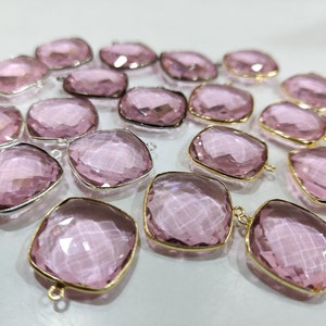 Pink Quartz Cushion Shape  21mm Briolette Connectors Hydro Quartz  Single Loop Bezel Charms Jewelry Making Bezel Choose Plating