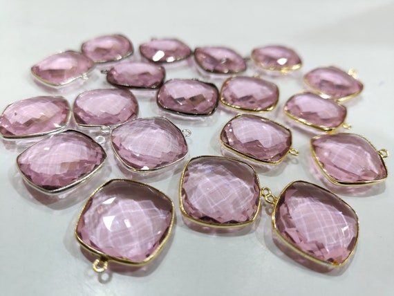Pink Quartz Cushion Shape  21mm Briolette Connectors Hydro Quartz  Single Loop Bezel Charms Jewelry Making Bezel Choose Plating