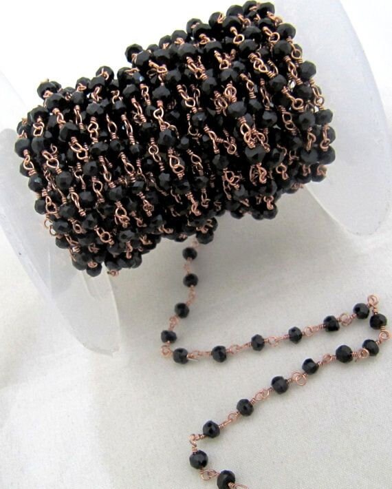 3 Ft- Black Spinel Beaded Rosary Chain Hydro Quartz Rondelle Faceted 3-4mm Black Onyx Beads Wire Wraped Aati Chain Wholesale Prices