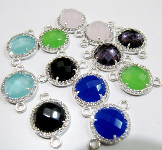 Gemstone Quartz Round Shape Briolette 13mm Connectors charms With Setted CZ Pave Silver Electroplated Double Loop Choose the Stone