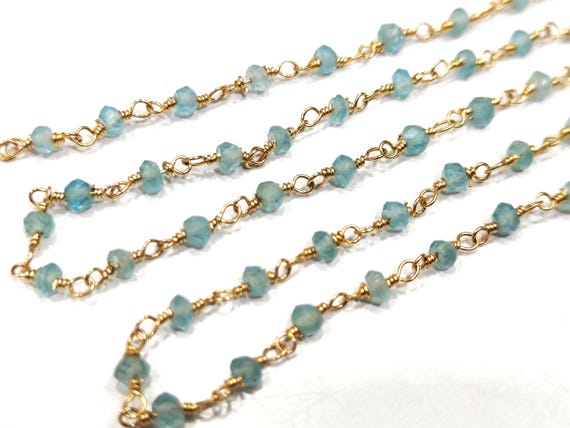 Natural Blue Apatite Rondelle Faceted Bead 3-4mm  Rosary Wire Wrapped  Handmade Beaded Chain Wholesale Prices sold per foot