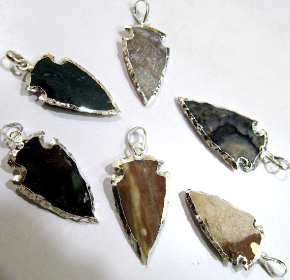 2 Pcs Set Natural Jasper Silver Electroplated Edge Single Loop Arrowhead Connector Charms Pendant Size 2 to 2.5 Inches Long