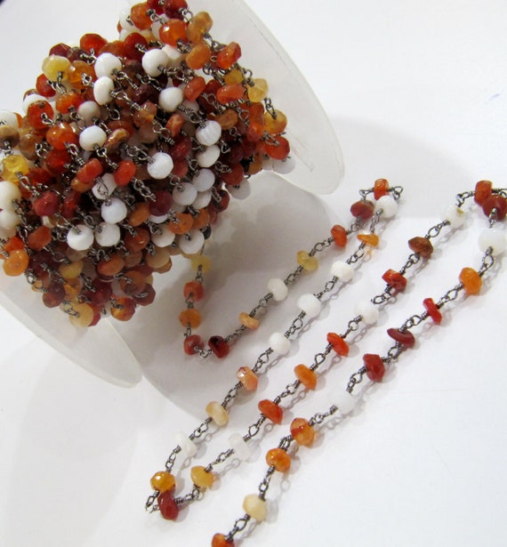 Natural Fire Opal Rosary Chain 4 to 5mm Rondelle faceted Beads, Genuine Fire opal Beads Wire Wrapped Chain, Beaded Chain sold per foot