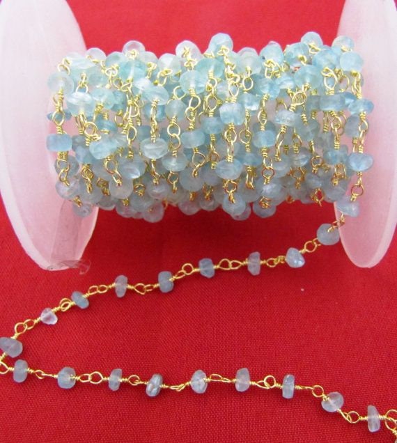 Natural Blue Apatite Rondelle Faceted Bead 3-4mm  Rosary Wire Wrapped  Handmade Beaded Chain Wholesale Prices sold per foot