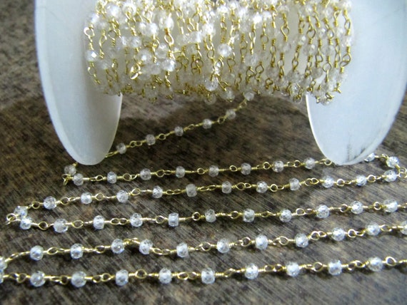 1 Foot -: White Cubic Zircon Rondelle Faceted 3-4mm Size Beaded Wire Wrapped Rosary Handmade chain Wholesale Prices Jewelry making chain