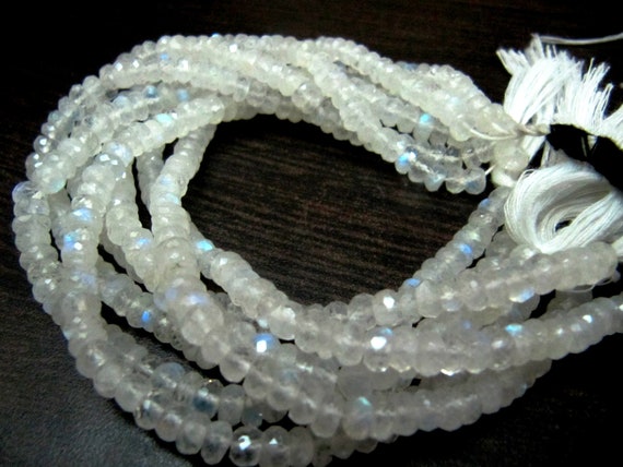 Natural White Rainbow Moonstone Rondelle Faceted Beads 4 to 6mm Strand 8 inches long High Quality Blue Flashy Beads Wholesale Prices
