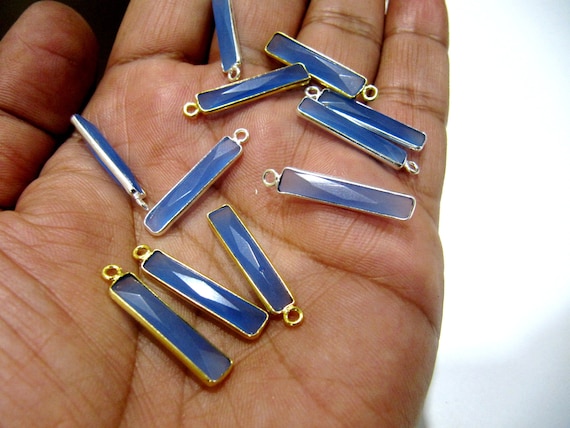Blue Chalcedony Baguette Shape Briolette Faceted Stone Bezel Single Loop Connector 4x22mm Sold Per Piece Jewelry Making Connector