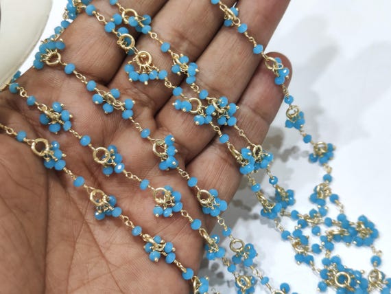 Aqua Chalcedony beaded Flower Chain Beads 3mm Rondelle faceted Cluster Rosary Chains, Dangling Flower Chain Hydro Quartz Beads