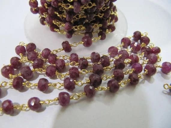 3 Feet-Ruby Rosary Chain 3.5 to 4.5mm Beads Rondelle Faceted, Ruby Corundum Beads Wire Wrapped Aati Rosary chain Wholesale Jewelry Making